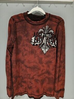 Affliction Burnt Red/Burgandy Distressed Crewneck with White Black Crest